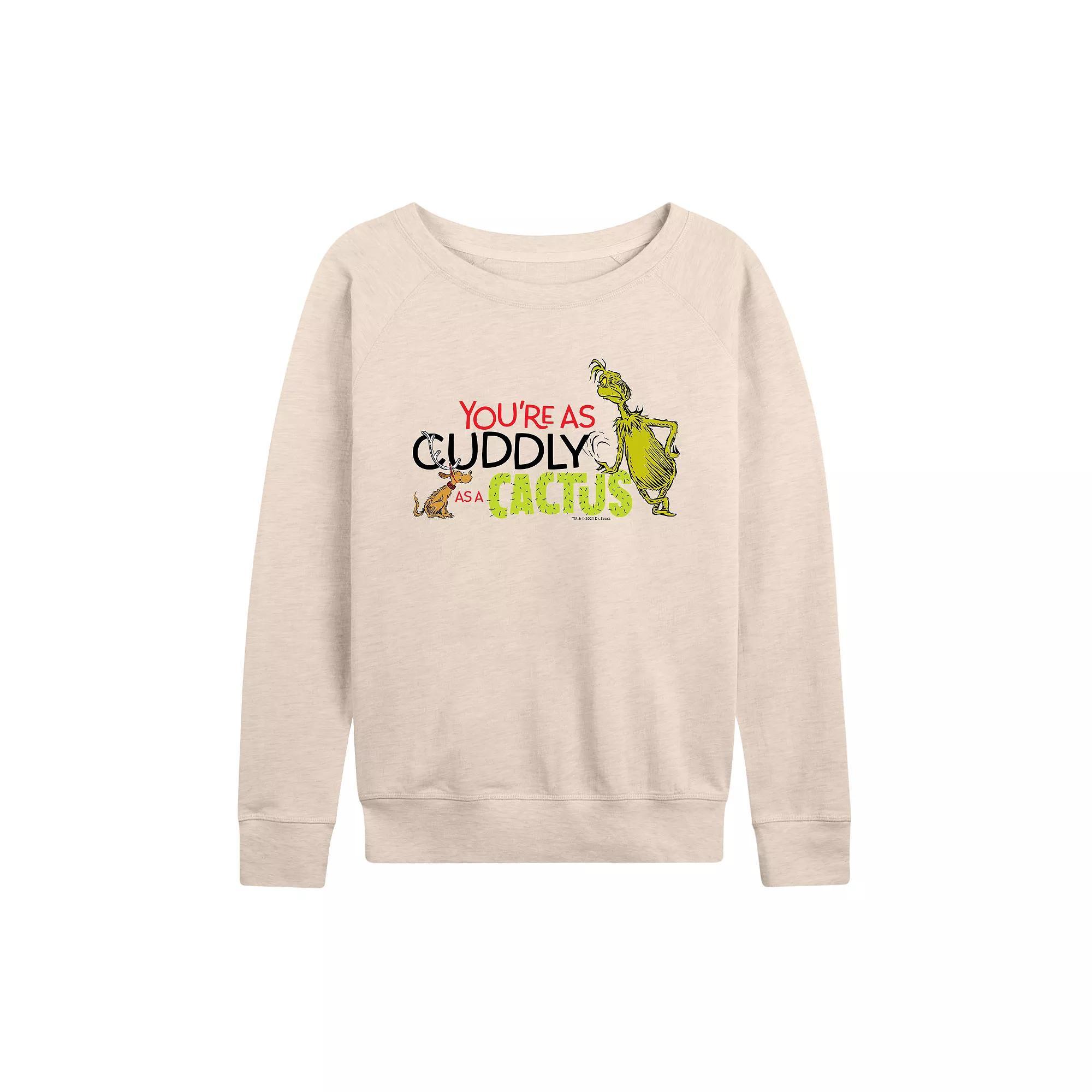Womens Dr. Seuss The Grinch Cuddly As A Cactus French Terry Long Sleeve Tee, Girls Product Image