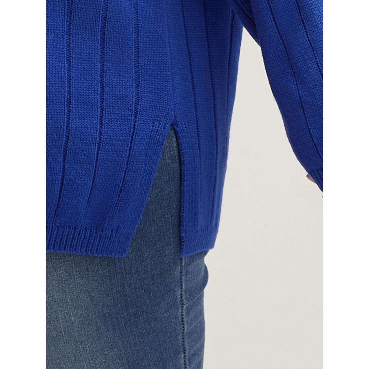 Plus Size Solid Pointelle Knit Cut Out Split Hem Rib Knit Top Aegean Women Elegant Loose Long Sleeve Dailywear Pullovers BloomChic 26/4X Product Image