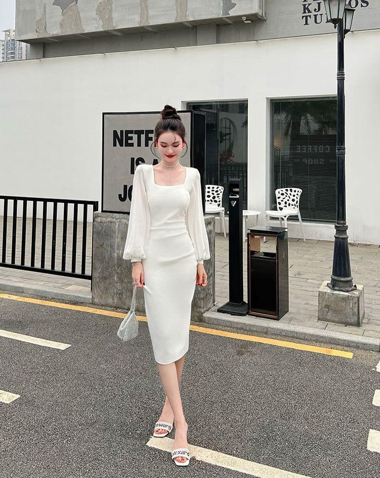 Long-Sleeve Square Neck Plain Ruched Midi Sheath Dress Product Image