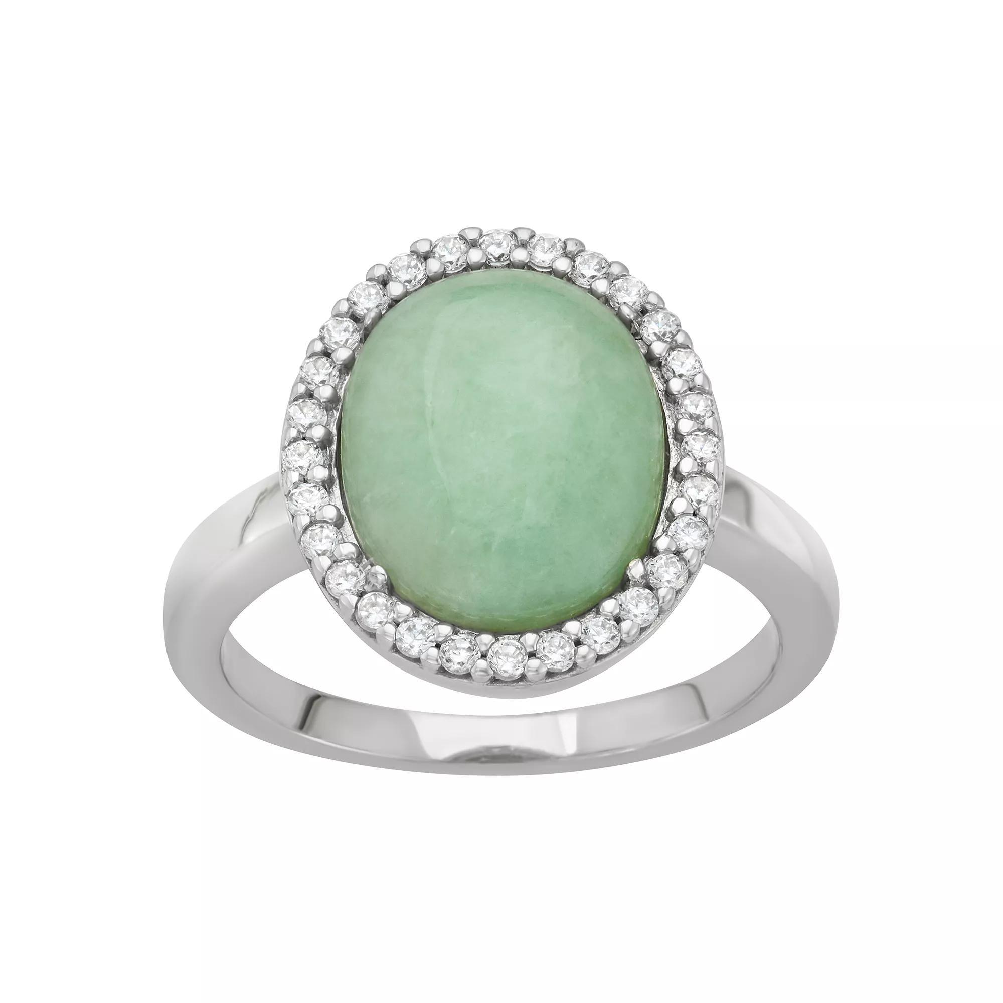 Dynasty Jade Sterling Silver Jade & Cubic Zirconia Halo Ring, Women's, Size: 9 Product Image