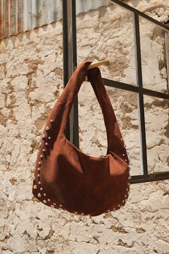 Artea Brown Suede Studded Shoulder Bag Product Image