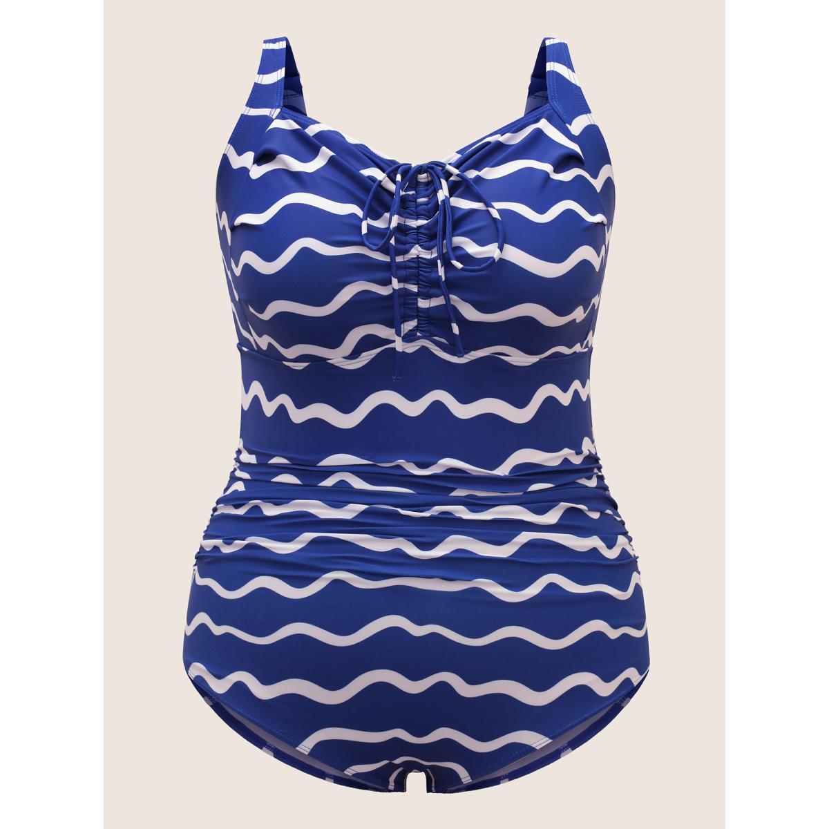 Plus Size Striped Drawstring Gathered One Piece Swimsuit Women's Swimwear Indigo Beach Gathered Curve Bathing Suits High stretch One Pieces BloomChic 22-24/3X Product Image