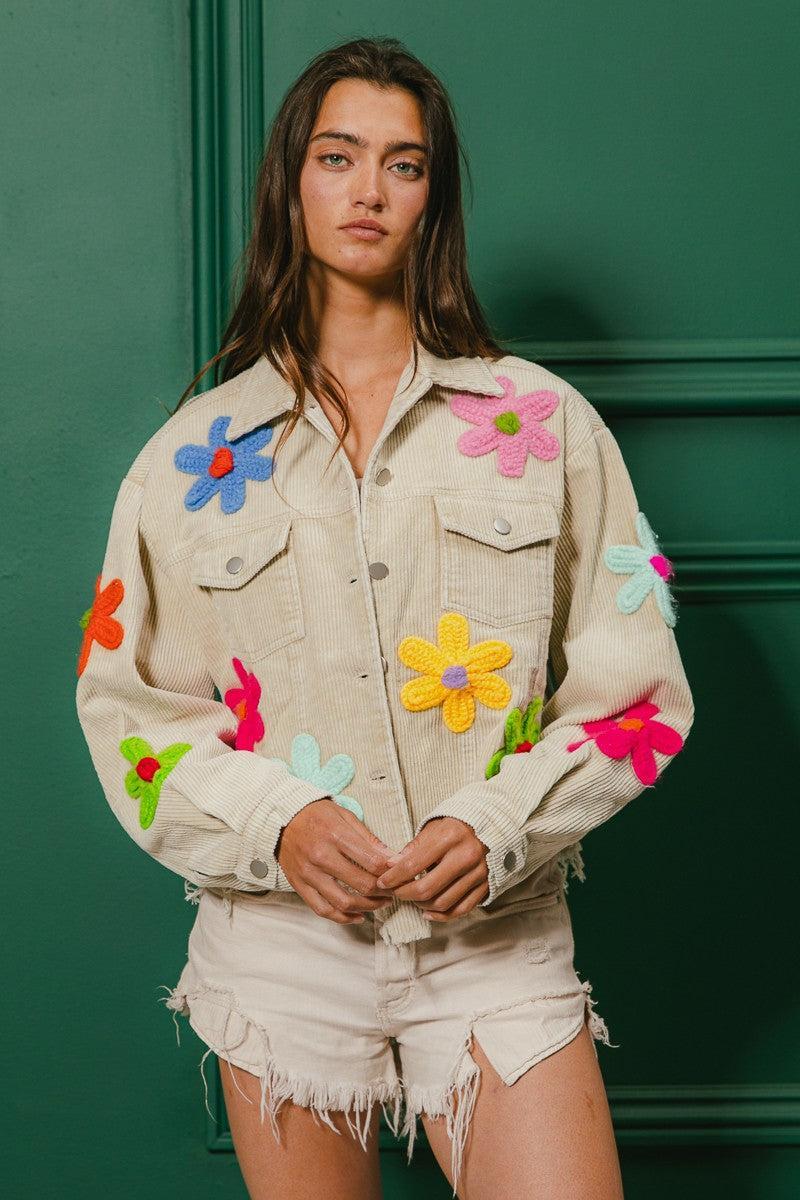 Flower Crochet Patches Vintage Corduroy Jacket Product Image