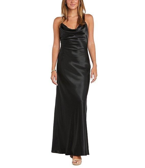 Morgan & Co. Sleeveless Long Spaghetti Strap Charmeuse Draped Front And X Back Long Dress Product Image