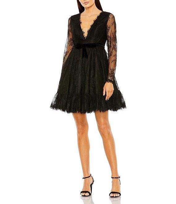 Mac Duggal Long Sleeve V-Neck Lace A-Line Dress Product Image