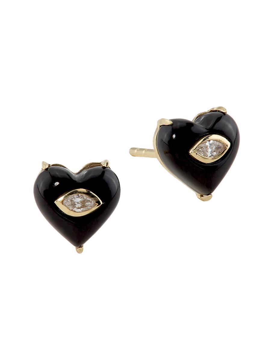 Womens 14K Yellow Gold, Onyx & 0.07 TCW Diamond Heart Stud Earrings Product Image
