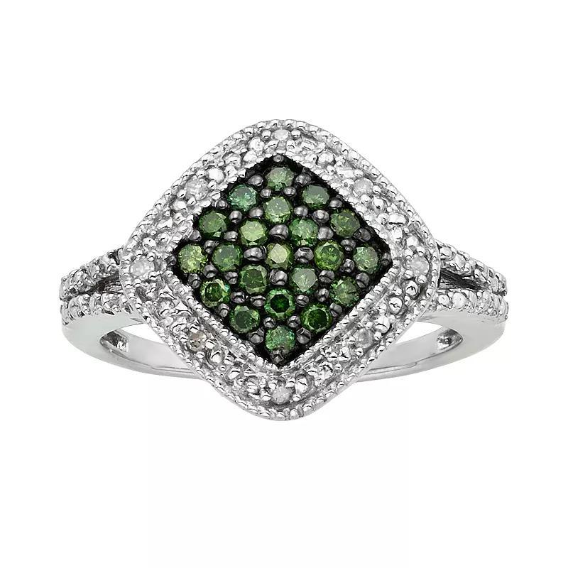 Jewelexcess Sterling Silver 1/3-ct. T.W. Green and White Diamond Square Halo Ring, Women's, Size: 7 Product Image