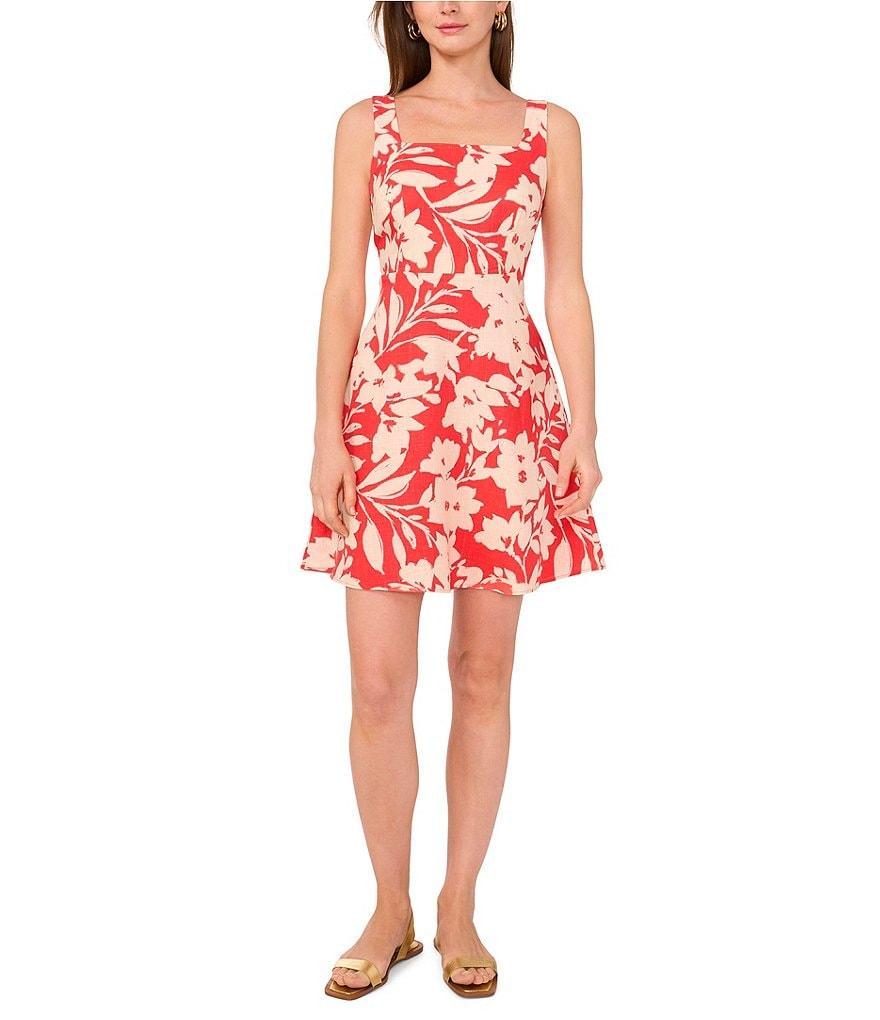 Vince Camuto Woven Square Neck Sleeveless Floral Print A-Line Dress Product Image