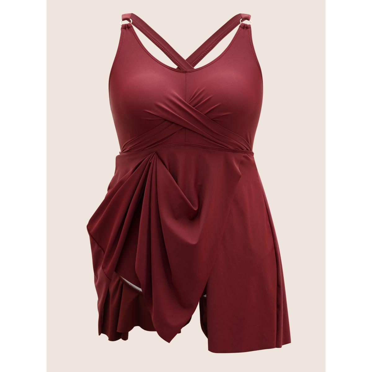 Plus Size Solid Crossover Adjustable Straps Split Hem Swim Dress Women's Swimwear Burgundy Beach Bodycon U-neck High stretch Curve Swim Dresses BloomChic 22-24/3X Product Image