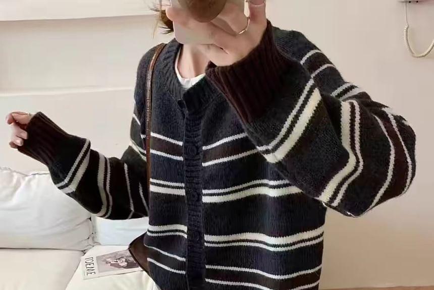V-Neck Striped Button-Up Cardigan Product Image