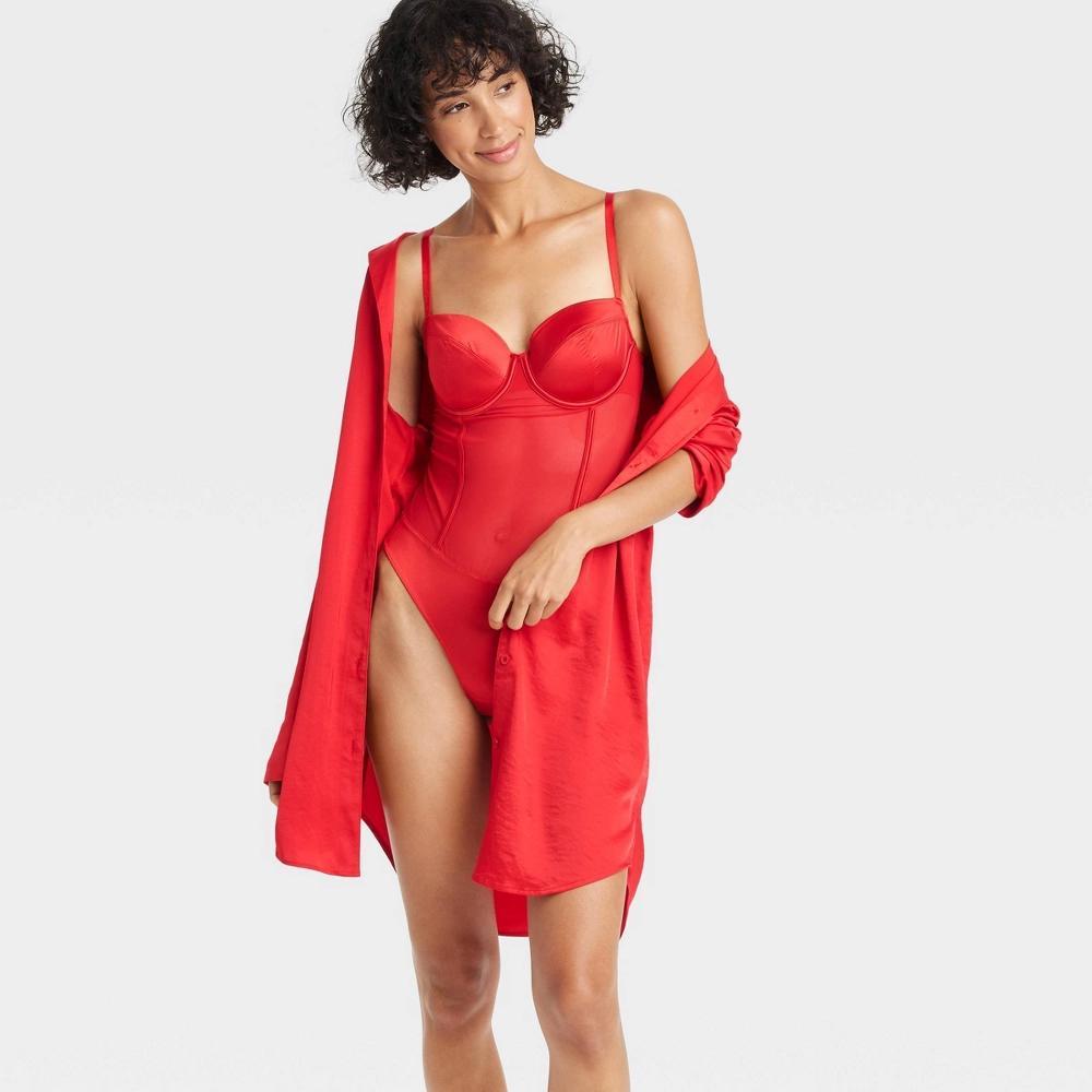 Womens Satin and Mesh Lightly Lined Lingerie Bodysuit - Auden Red L Product Image