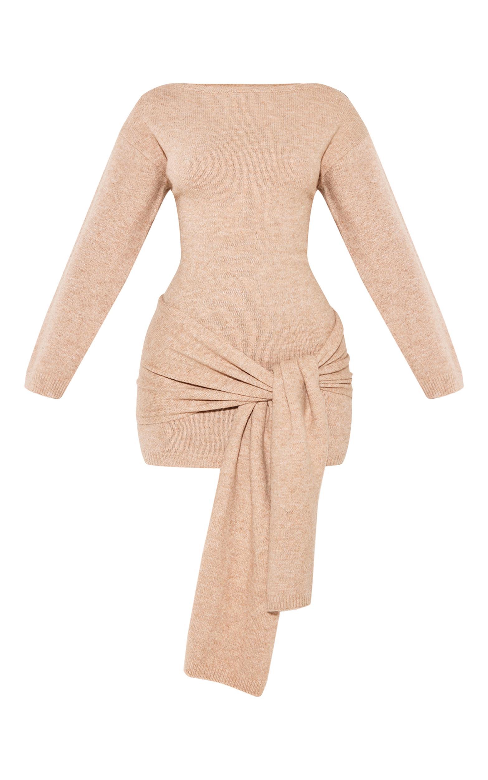 Petite Camel Knit Slouchy Mini Dress With Tie Wrap Around Product Image