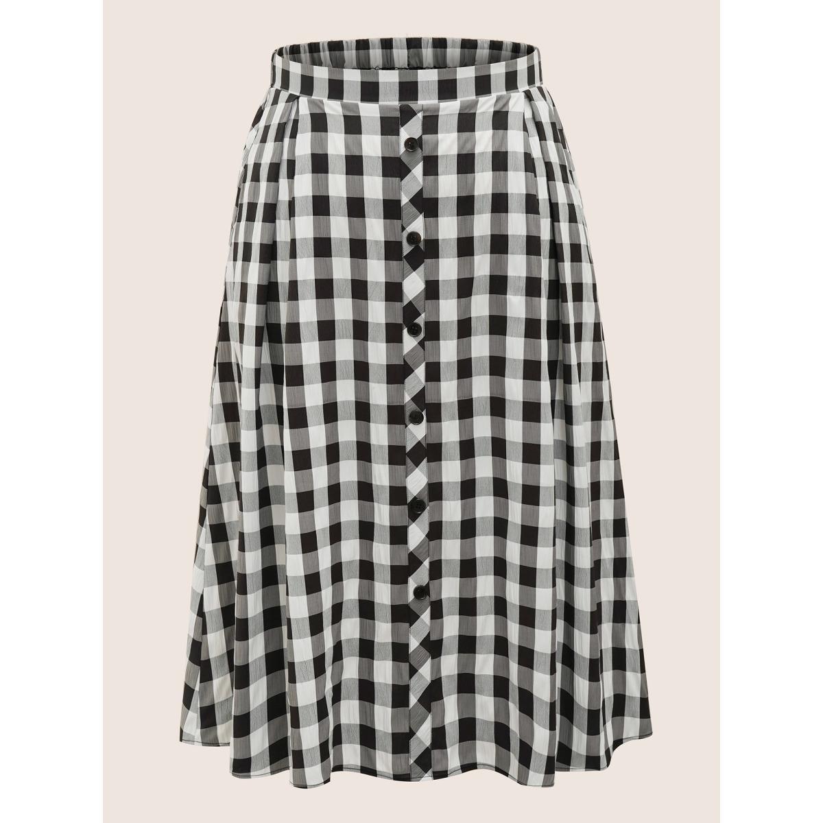 Plus Size Gingham Button Detail Elastic Waist Pocket Skirt Women Black Casual Non No stretch Slanted pocket Everyday Skirts BloomChic 22-24/3X Product Image