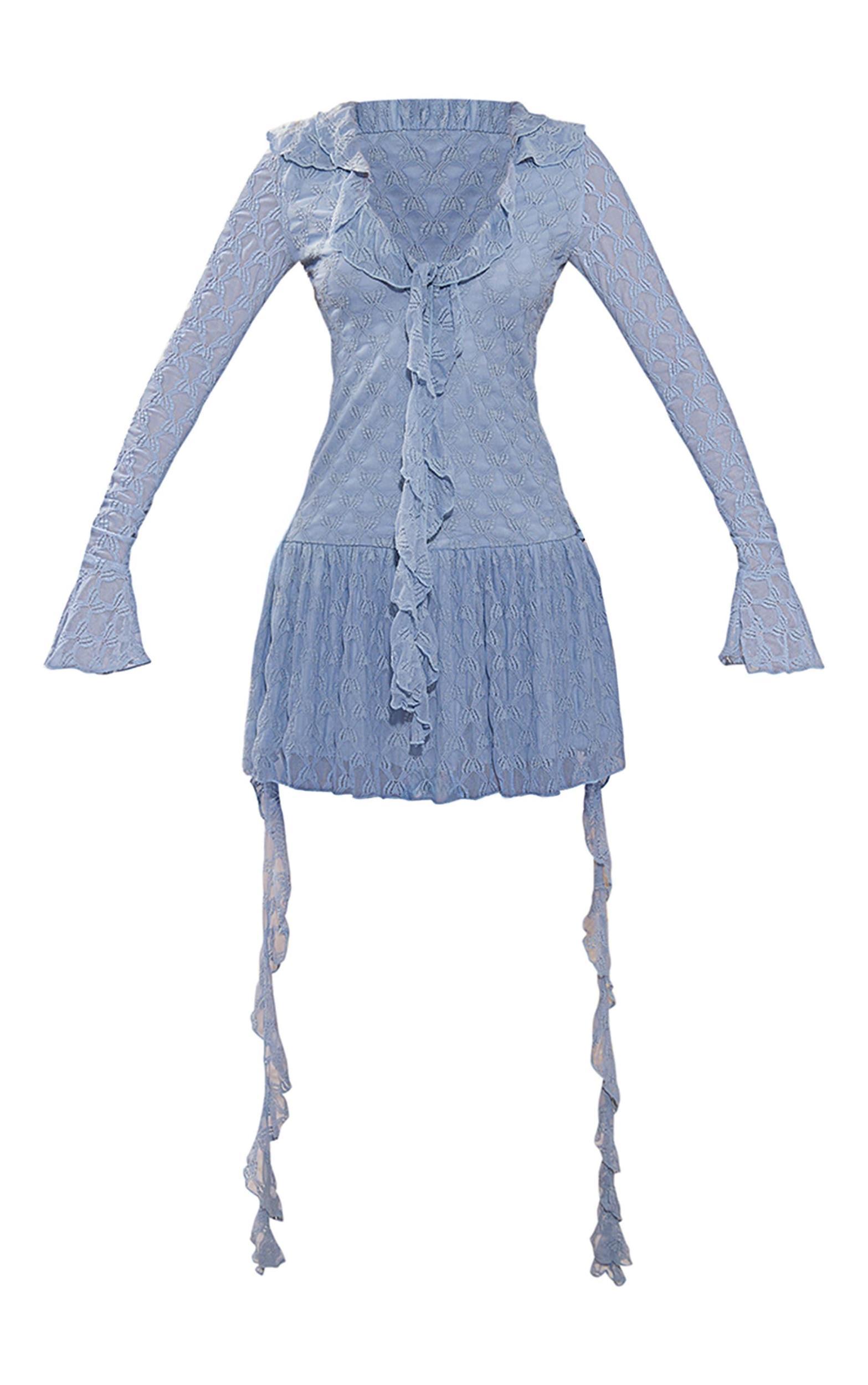 Dusty Blue Textured Lace Up Frill Drape Shift Dress Product Image