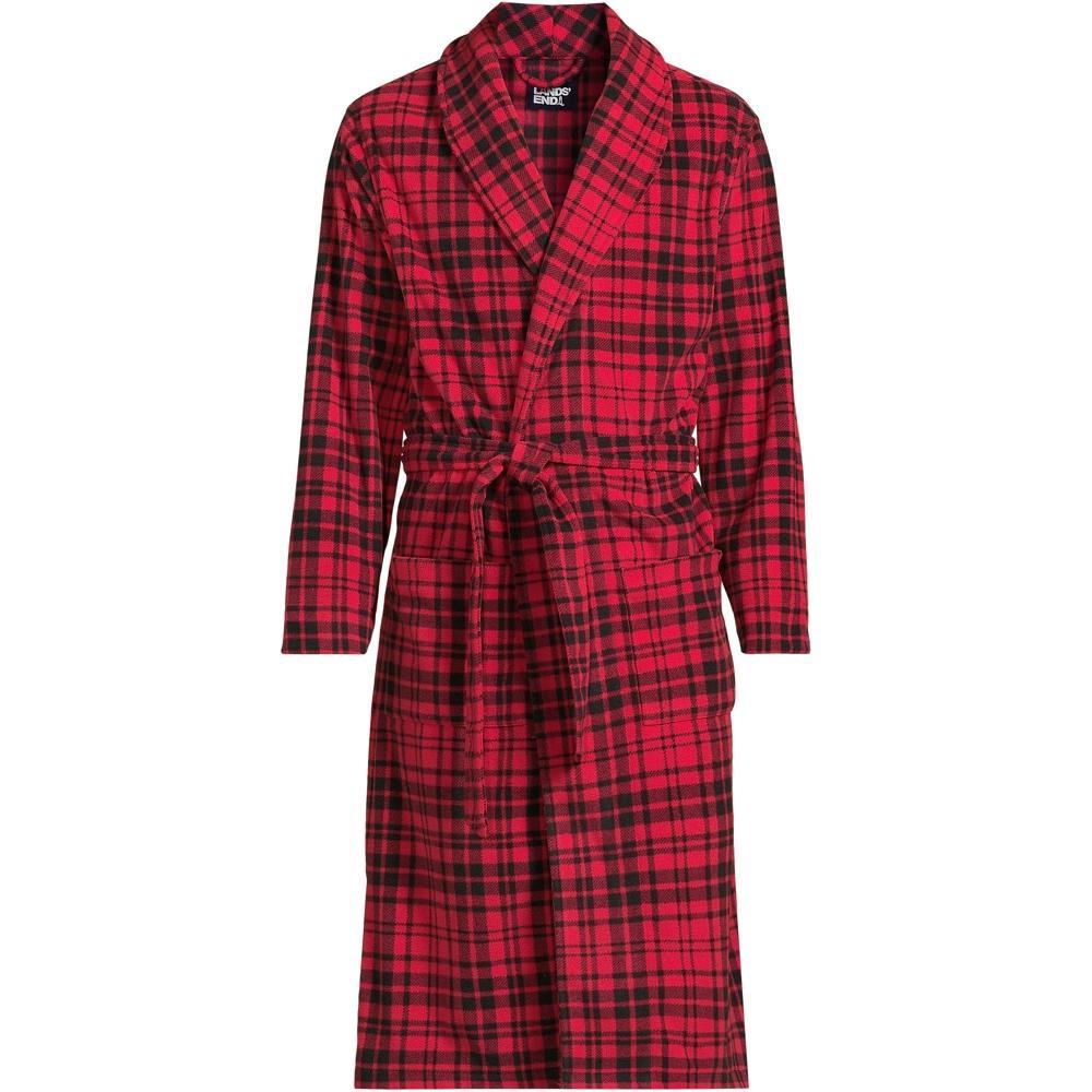 Men's Lands' End Fleece Robe, Size: Medium, Black Rich Red Plaid Product Image