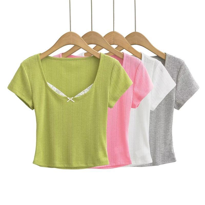 Short-Sleeve V-Neck Mock Two-Piece Two Tone Lace Panel Bow Accent Crop T-Shirt Product Image