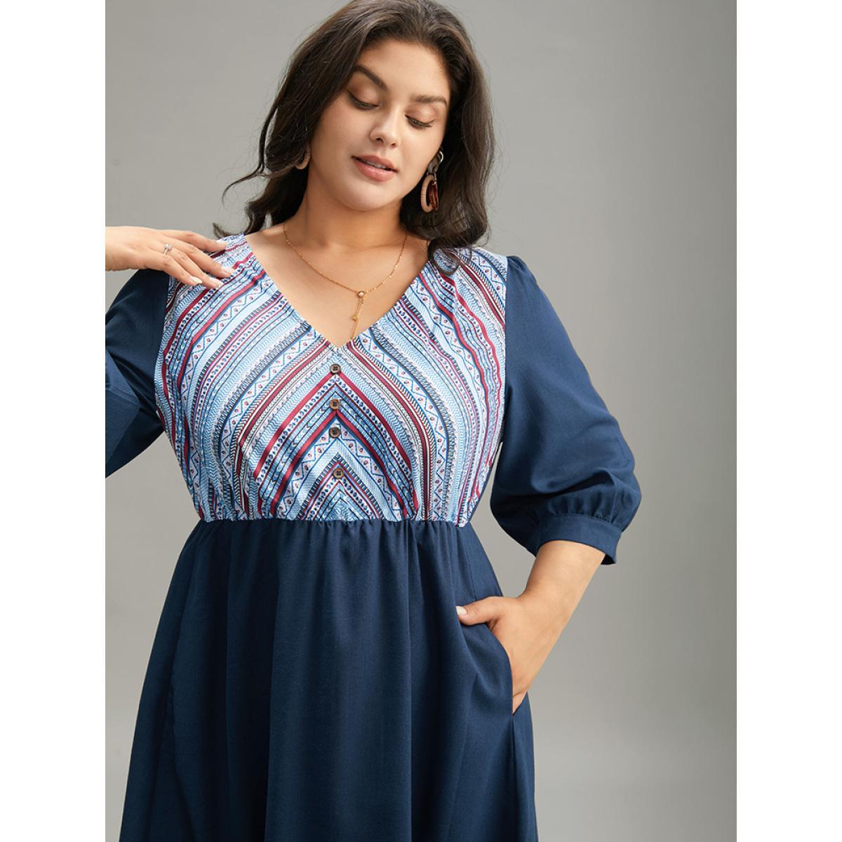 Plus Size Boho Print Striped Patchwork Lantern Sleeve Dress Indigo Women Vacation Printed V-neck Elbow-length sleeve Curvy Midi Dress BloomChic 10/M Product Image