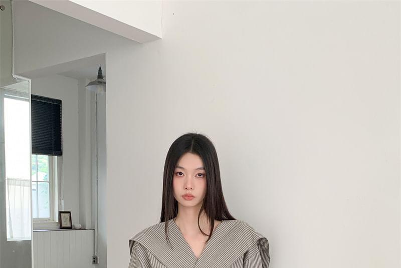 Long Sleeve V-Neck Striped Wrap Blouse Product Image