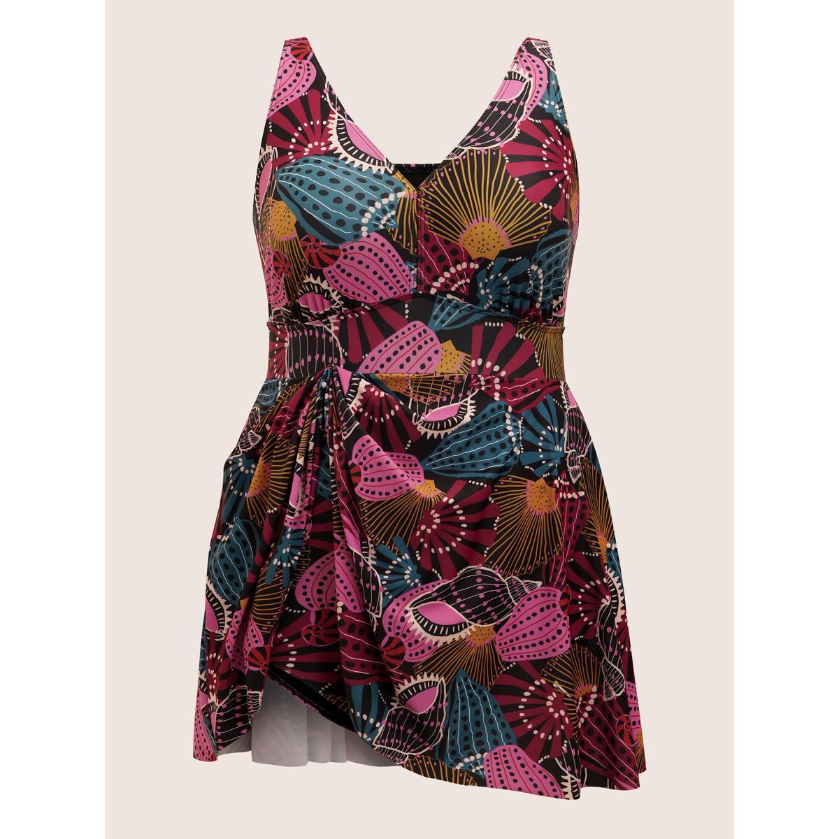 Plus Size V Neck Marine Elements Print Swim Dress Women's Swimwear Multicolor Beach Bodycon V-neck High stretch Curve Swim Dresses BloomChic 18-20/2X Product Image