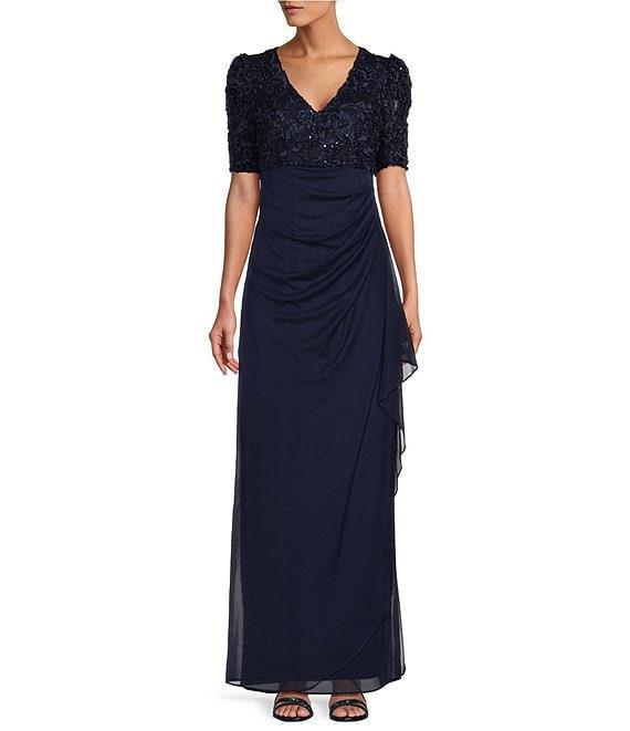 Alex Evenings Short Sleeve V-Neck Soutache Bodice Cascade Ruddle Dress Product Image