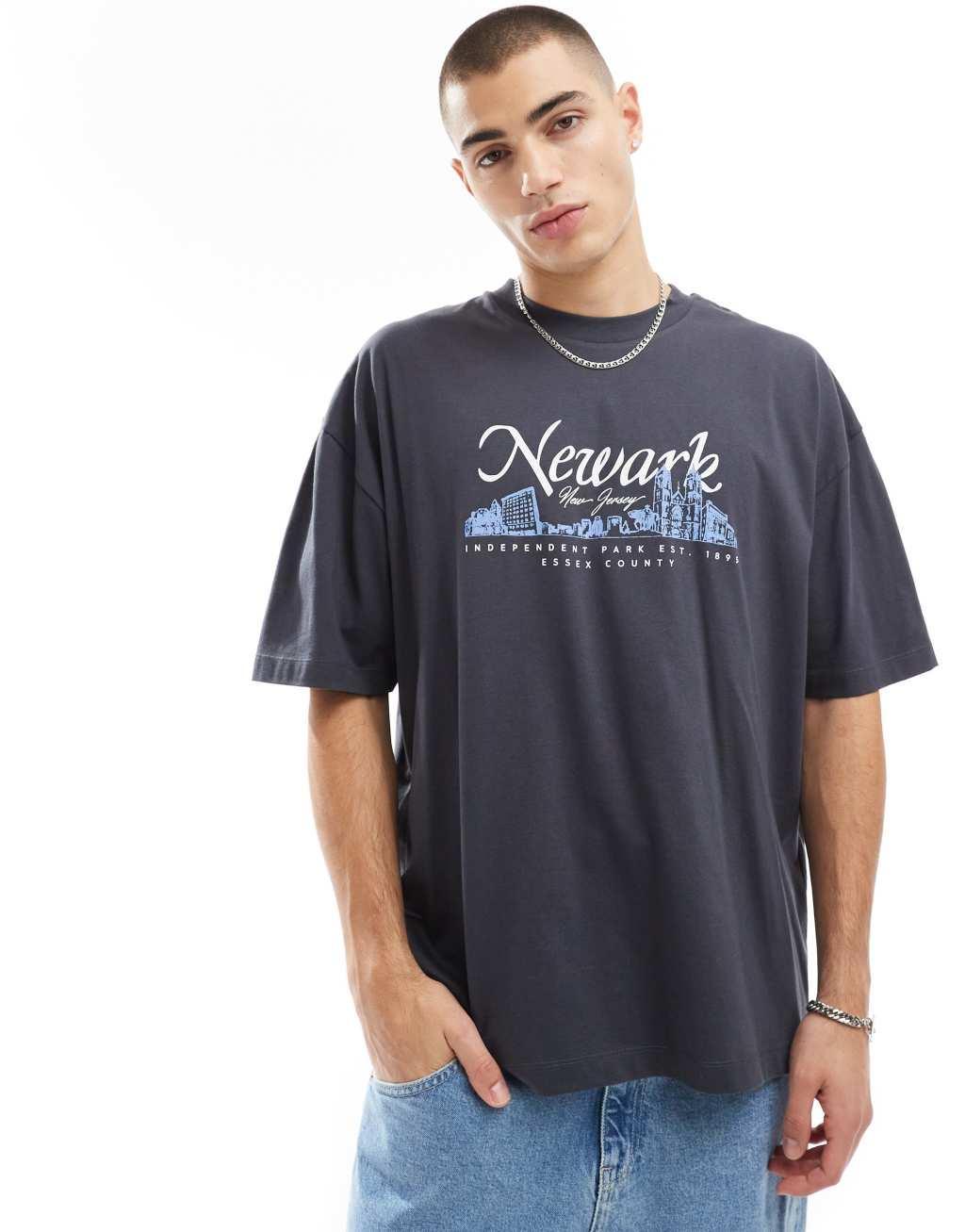 ASOS DESIGN oversized T-shirt with city front print in charcoal Product Image