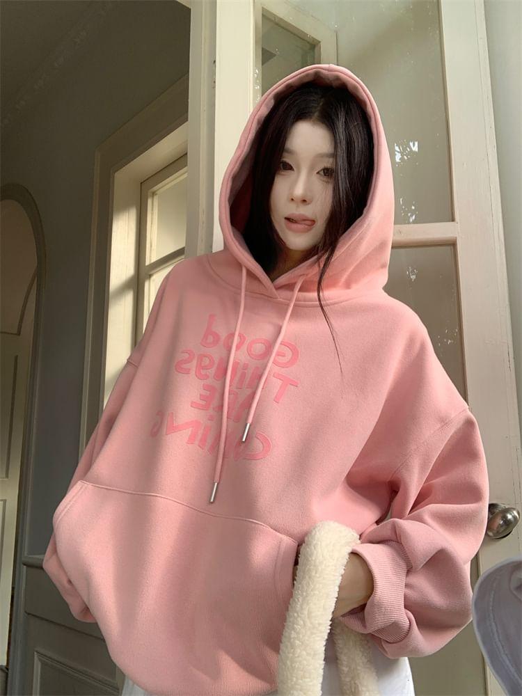 Lettering Print Drawstring Hoodie / High Waist Plain Velvet Maxi A-Line Skirt Product Image