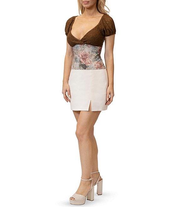 Stevie By Steve Madden Lace Floral Print Surplus Neck Cap Sleeve Top Product Image