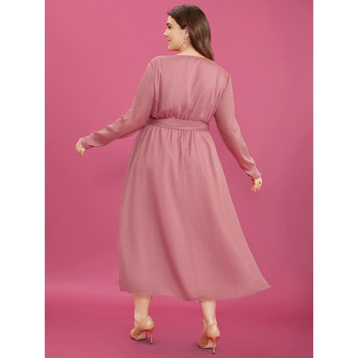 Plus Size Solid Pocket Belted Surplice Neck Midi Dress DustyPink Women Elegant Belted V-neck Long Sleeve Curvy Midi Dress BloomChic 12/L Product Image
