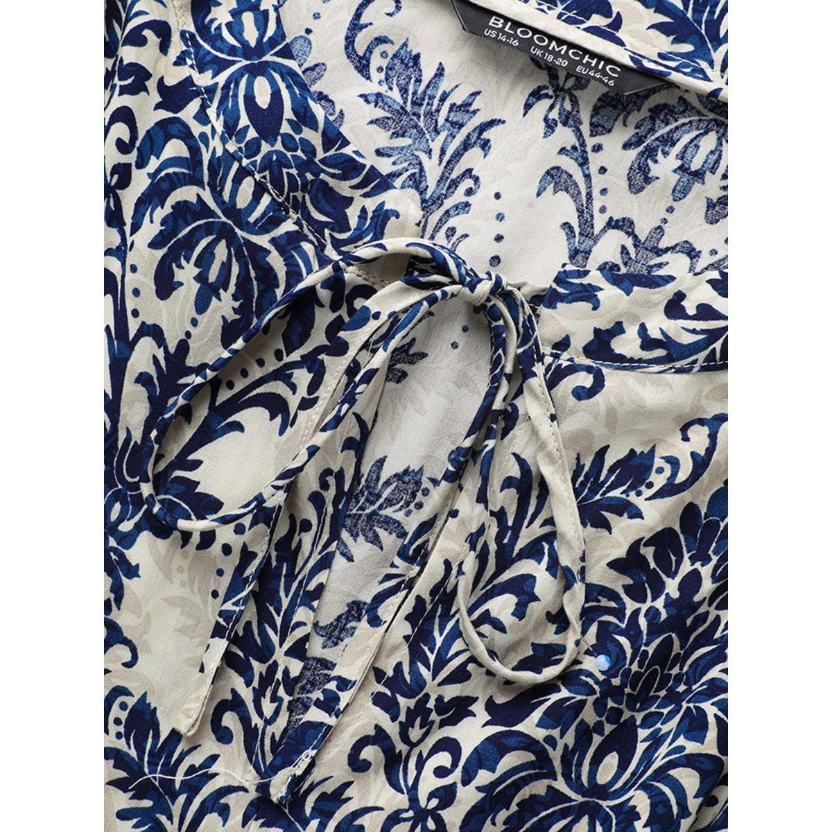 Plus Size Damask Print Tie Knot Puff Sleeve Dress DarkBlue Women Resort Tie knot V-neck Elbow-length sleeve Curvy BloomChic 26/4X Product Image