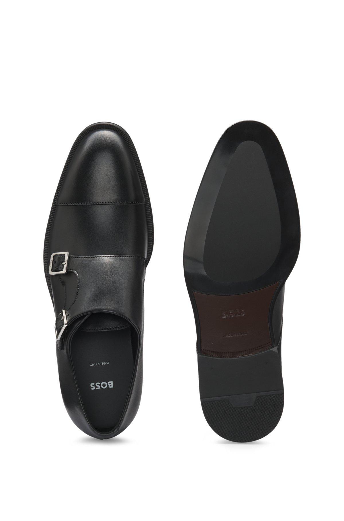 BOSS - Leather double-monk shoes with cap toe - Black Product Image