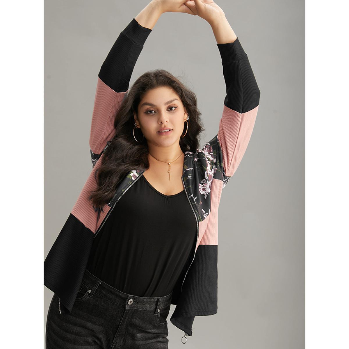 Plus Size Floral Colorblock Contrast O Ring Zipper Hooded Sweatshirt Women Black Casual Texture Hooded Dailywear Sweatshirts BloomChic 10/M Product Image