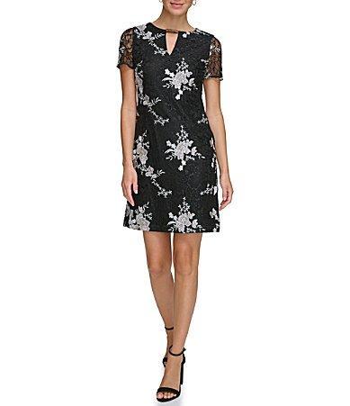 kensie Womens Short-Sleeve Embroidered-Lace Sheath Dress Product Image