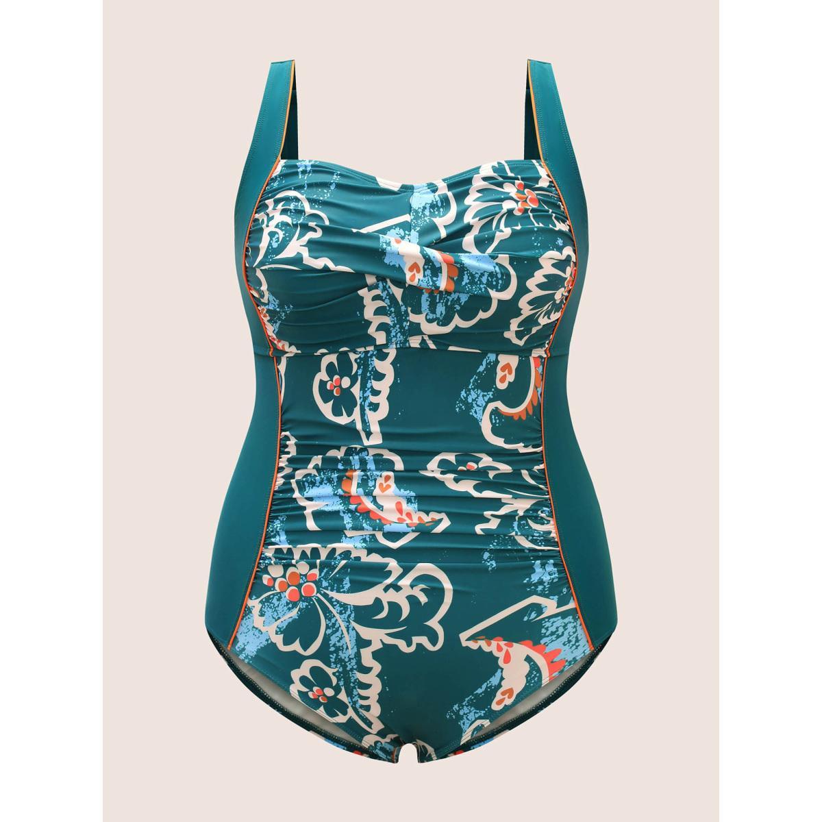 Plus Size Abstract Floral Patchwork Twist One Piece Swimsuit Women's Swimwear Cyan Beach Twist Curve Bathing Suits High stretch One Pieces BloomChic 26/4X Product Image