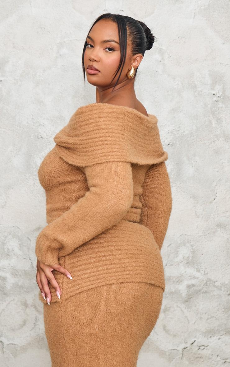 Plus Mocha Soft Bobble Knit Bardot Foldover Top Product Image