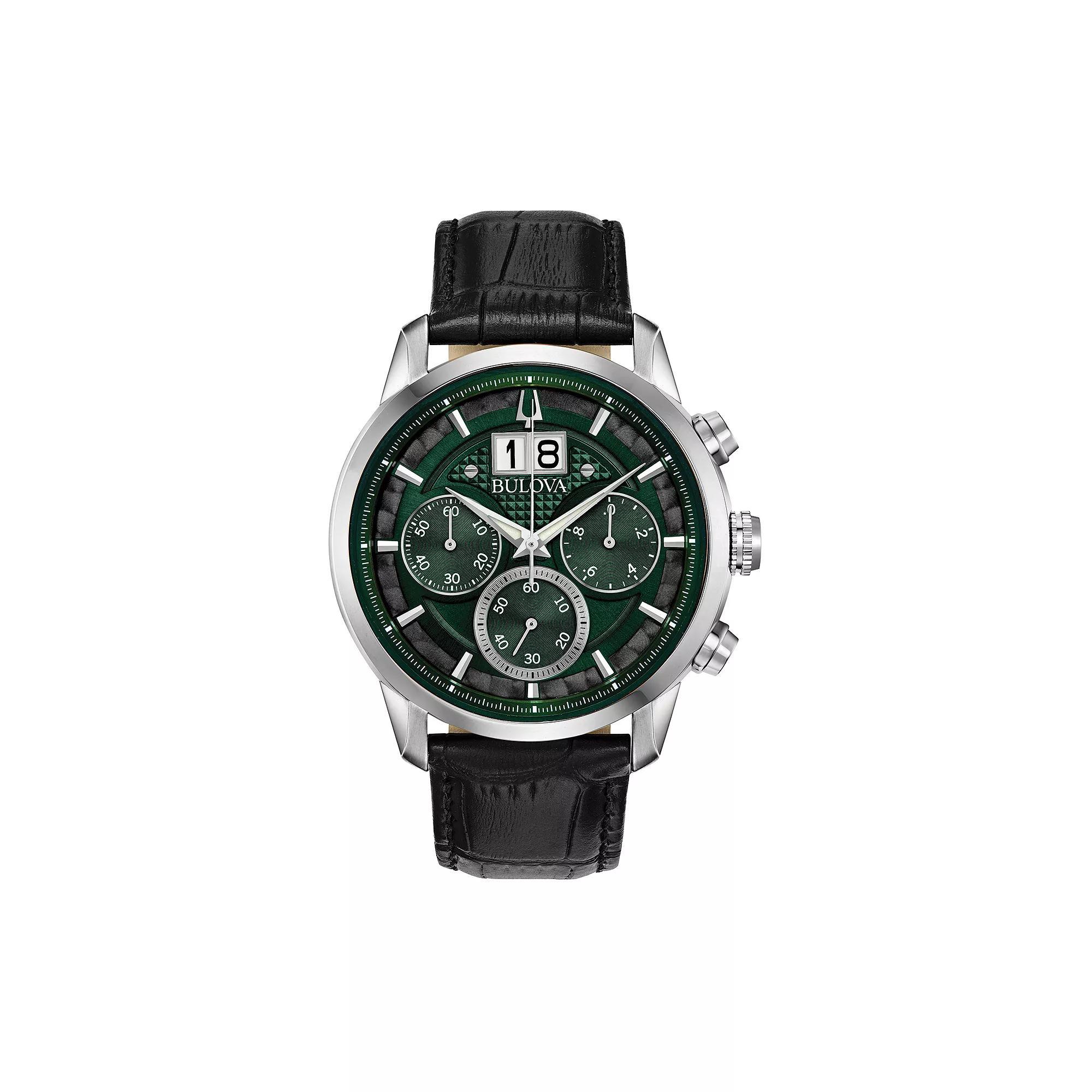 Mens Bulova Chronograph Watch With Brown Leather Strap Black Product Image