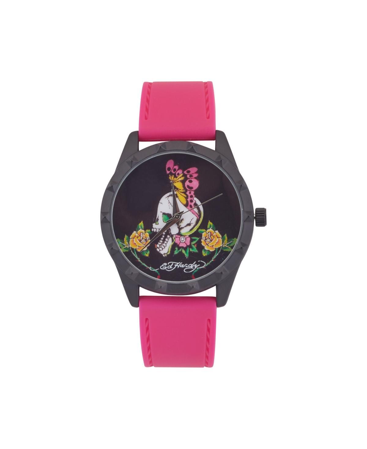 Ed Hardy Women's Skull & Butterfly Dial Fuchsia Silicone Strap Watch, Size: Large, Pink Product Image