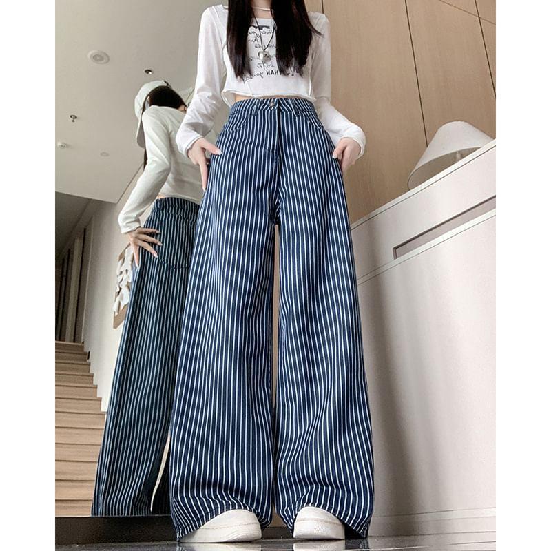 High Waist Striped Wide Leg Jeans Product Image
