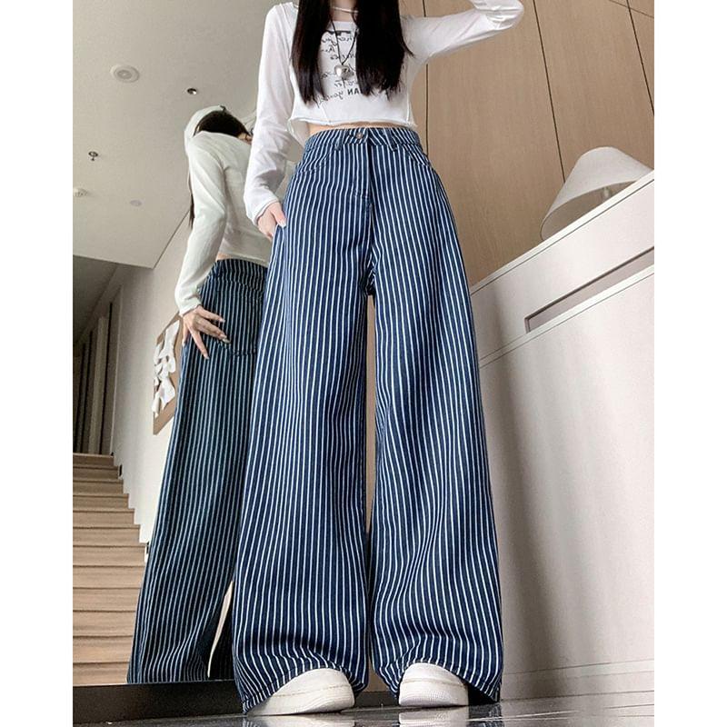 High Waist Striped Wide Leg Jeans Product Image