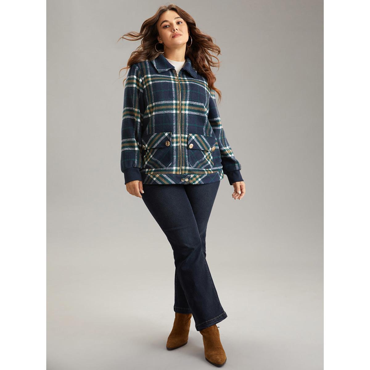 Plus Size Plaid Button Detail Pocket Zipper Jacket Women Multicolor Zipper Pocket Dailywear Jackets BloomChic 14-16/1X Product Image