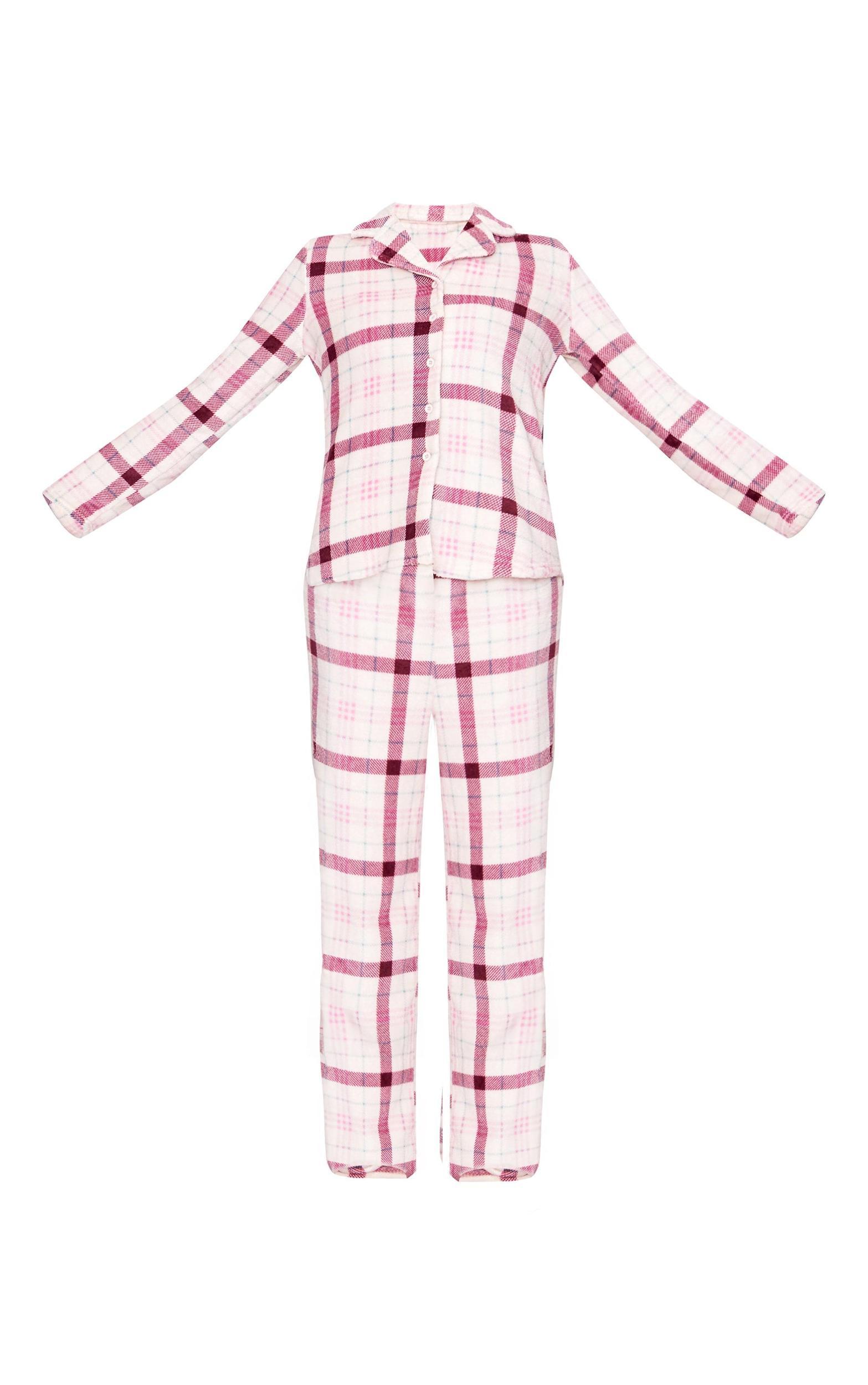 Pink Check Print Fleece Button Down Long Pj Set Product Image