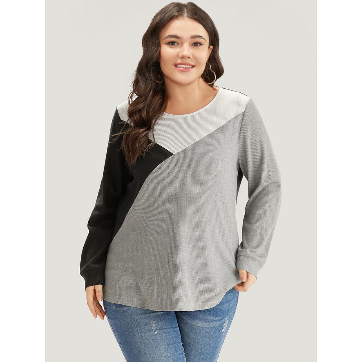 Plus Size Colorblock Contrast Crew Neck Long Sleeve T-shirt Multicolor Women Casual Elastic cuffs Plain Round Neck Dailywear T-shirts BloomChic 14-16/1X Product Image