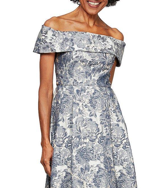 Alex Evenings Jacquard Short Sleeve Off-the-Shoulder Floral Pocketed Gown Product Image