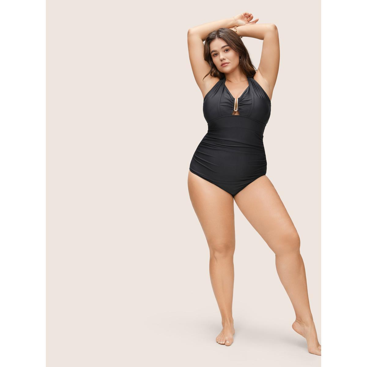 Plus Size Solid Ruched Metal Buckle Detail One Pieces Swimsuit Women's Swimwear Black Beach Non Curve Bathing Suits High stretch One Pieces BloomChic 30/6X Product Image