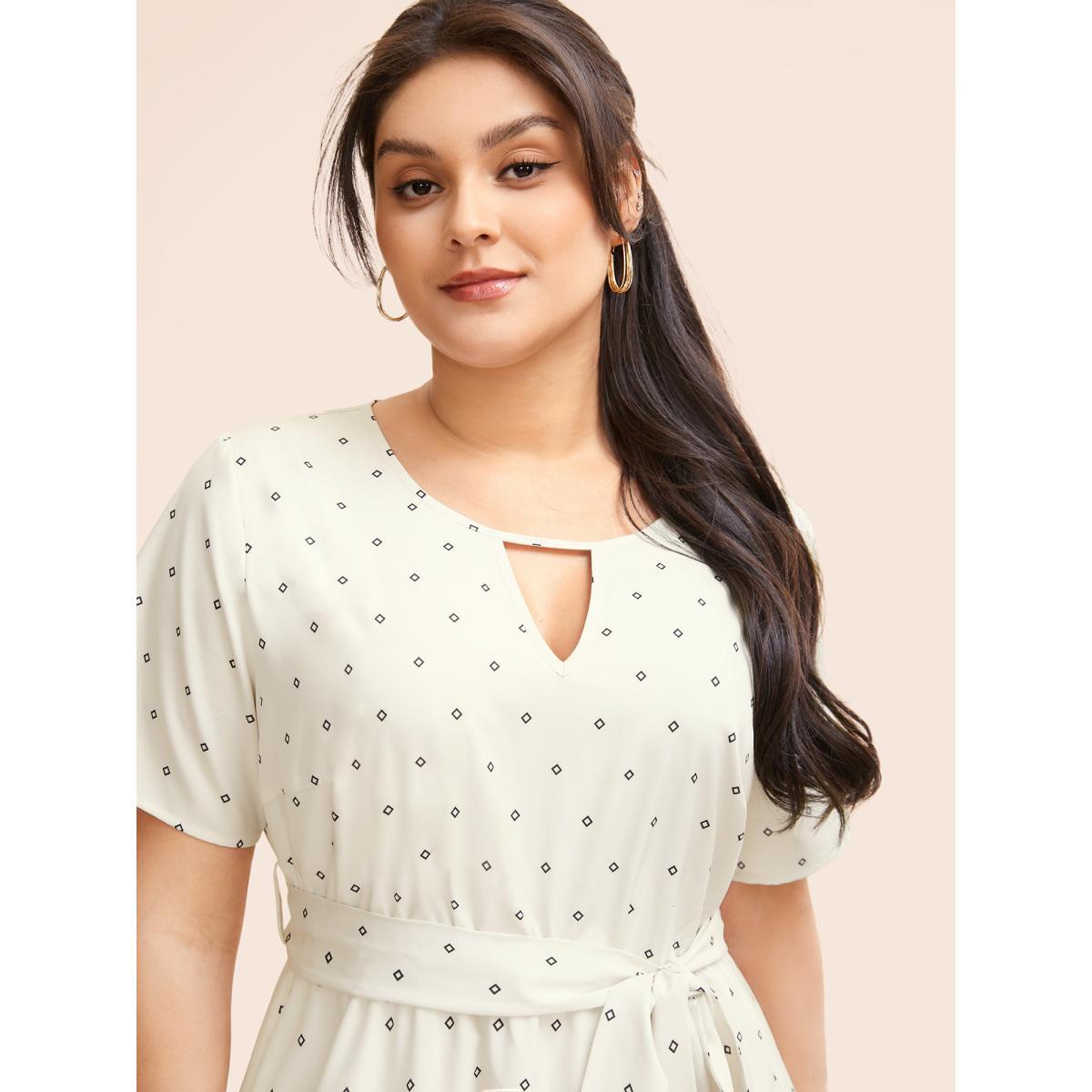 Plus Size Geometric Keyhole Belted Midi Dress Beige Women Workwear Essentials Belted Round Neck Short sleeve Curvy BloomChic 14-16/1X Product Image