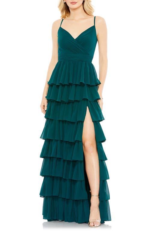 Mac Duggal Tiered Ruffle V-Neck Sleeveless V-Back Thigh High Slit A Product Image