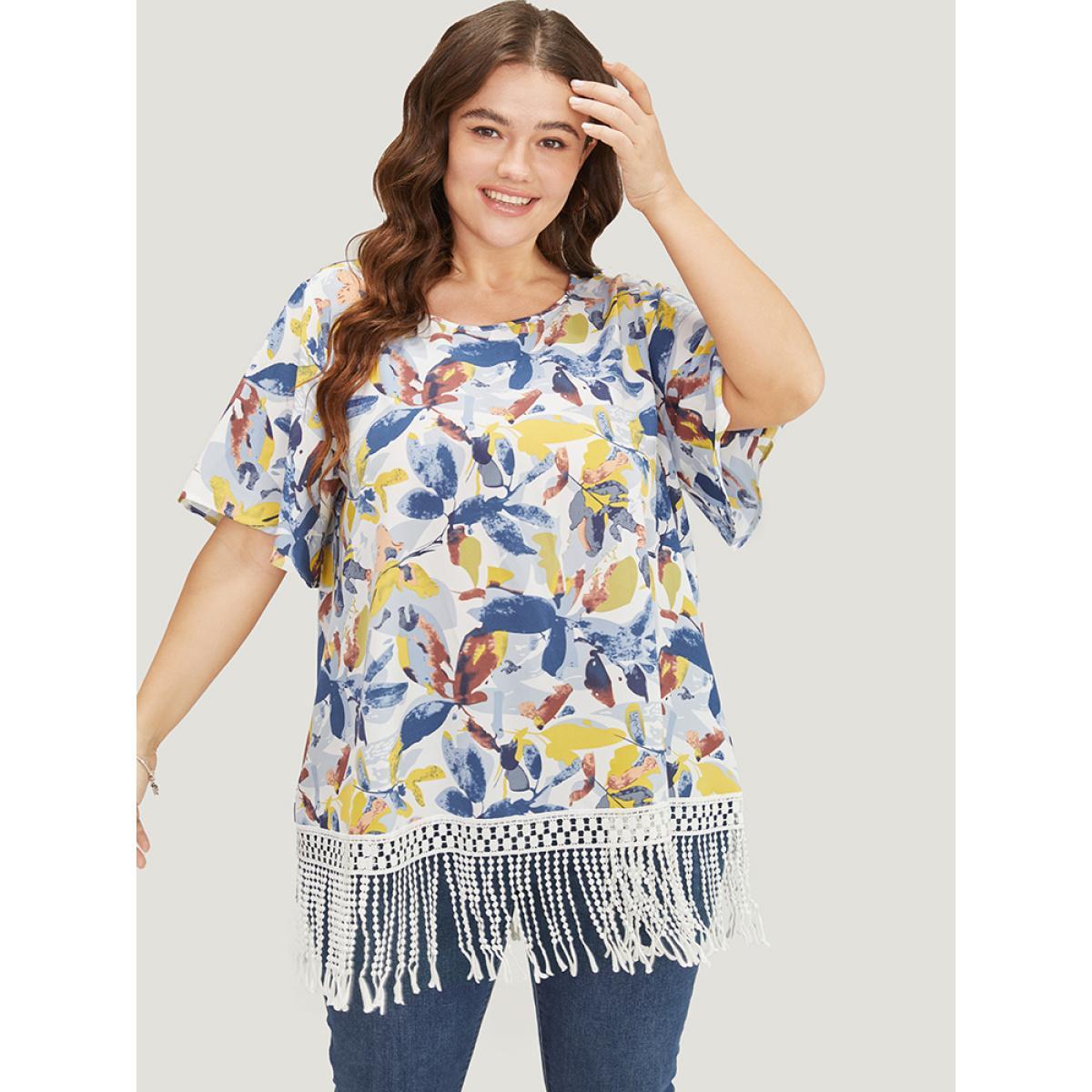 Plus Size Stone Plant Print Ruffle Sleeve Lace Fringe Hem Blouse Women Elegant Short sleeve Round Neck Dailywear Blouses BloomChic 22-24/3X Product Image