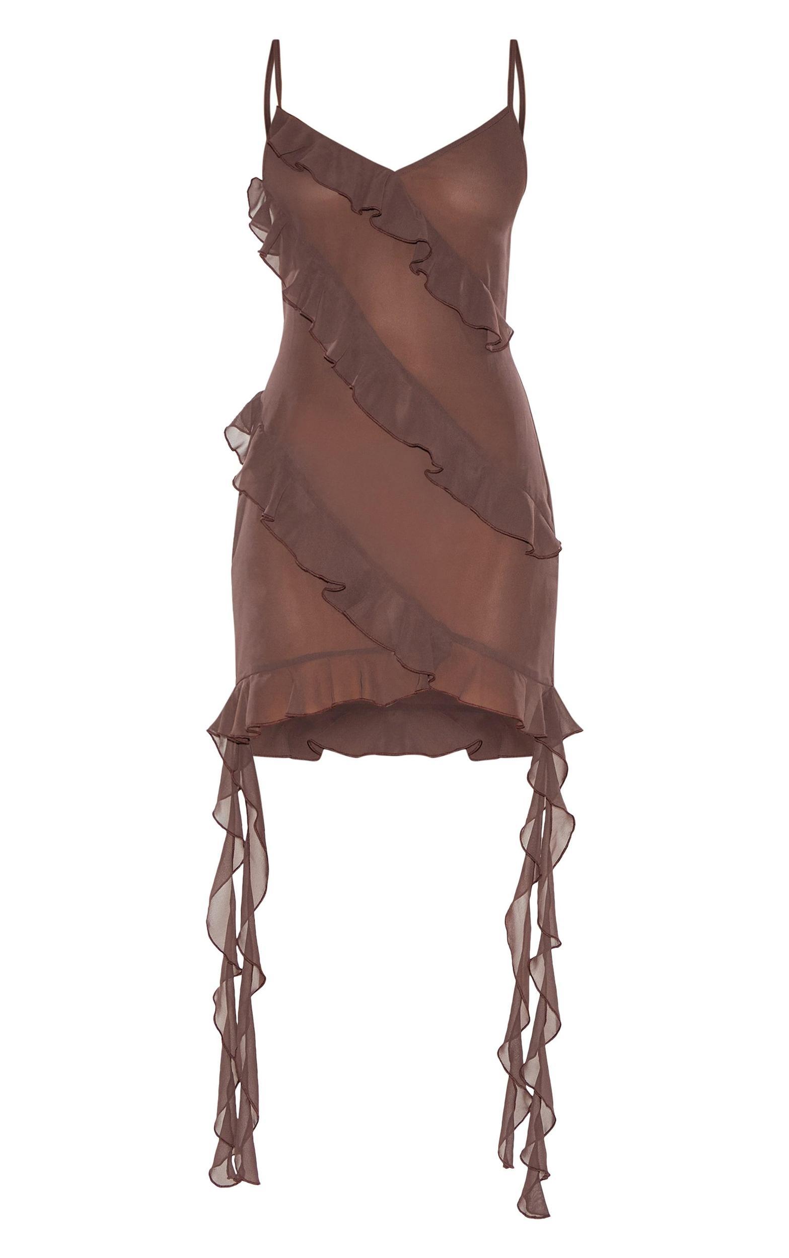Chocolate Ruffle Detail Chiffon Sheer Shift Dress Product Image