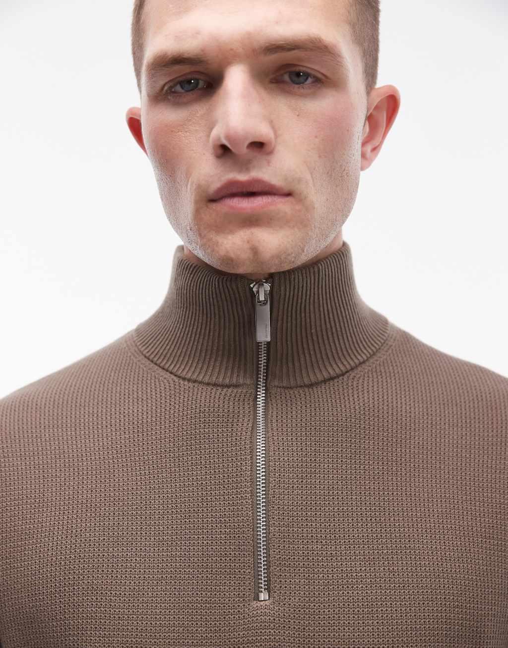 Selected Homme knitted half zip sweater in tan Product Image
