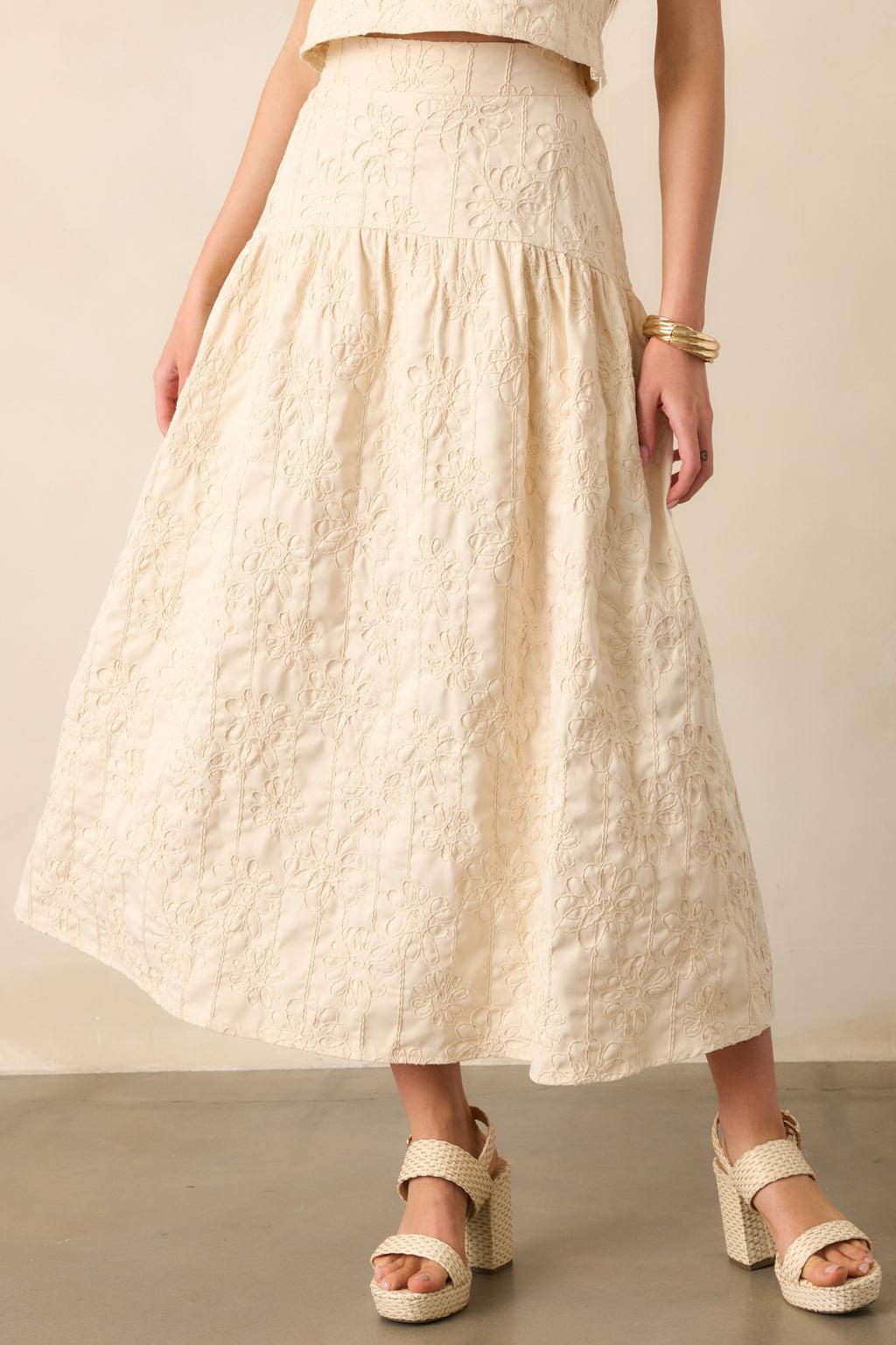 Evening Delights Beige Floral Embroidered Midi Skirt Product Image