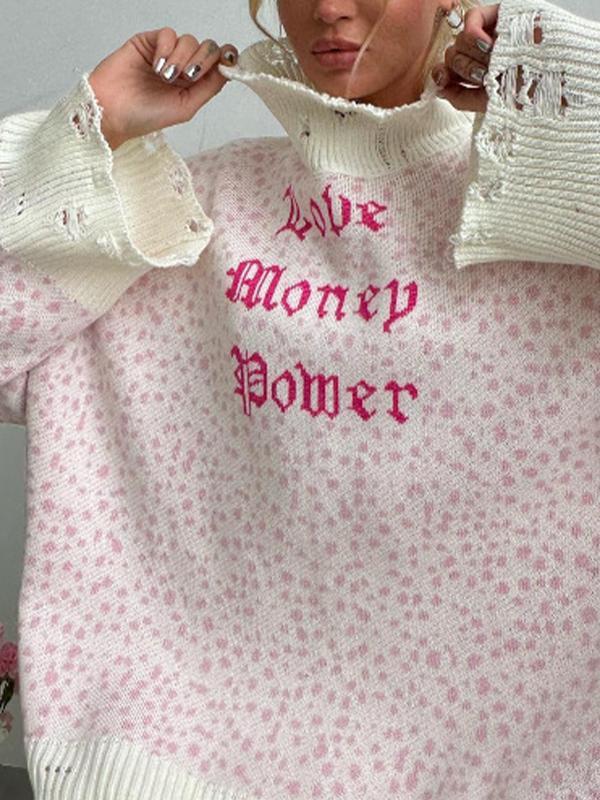 Letter Jacquard Tattered Design Baggy Sweater Product Image